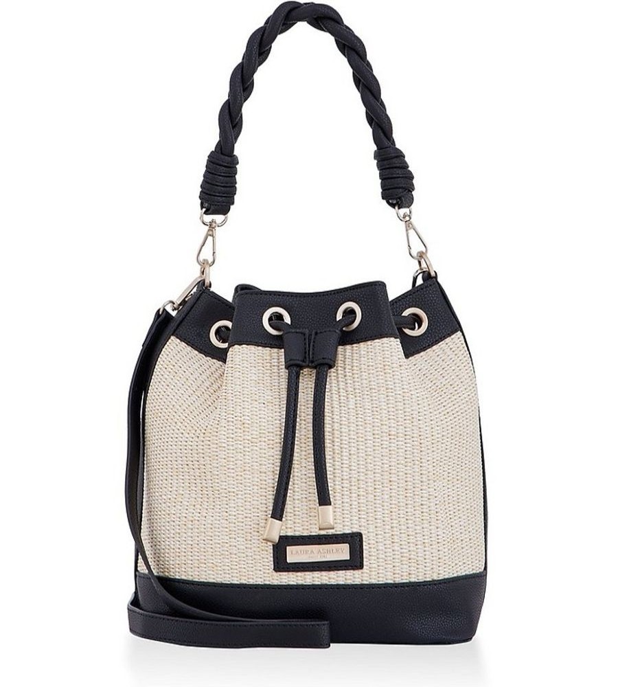 Borse Laura Ashley Bucket | Black And Ivory Raffia Bucket Bag