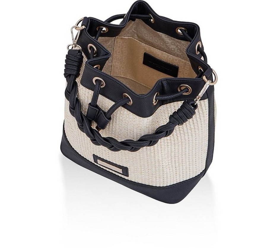 Borse Laura Ashley Bucket | Black And Ivory Raffia Bucket Bag