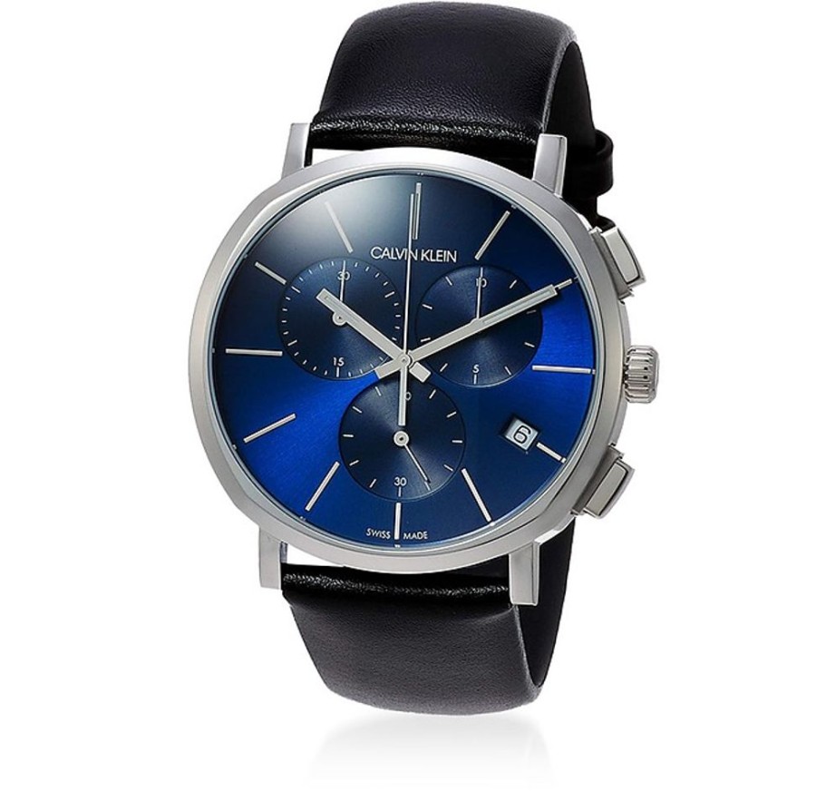 Gioielli Calvin Klein Collection Orologi Uomo | Posh Men'S Stainless Steel Chronograph Watch W/Blue Dial And Leather Strap