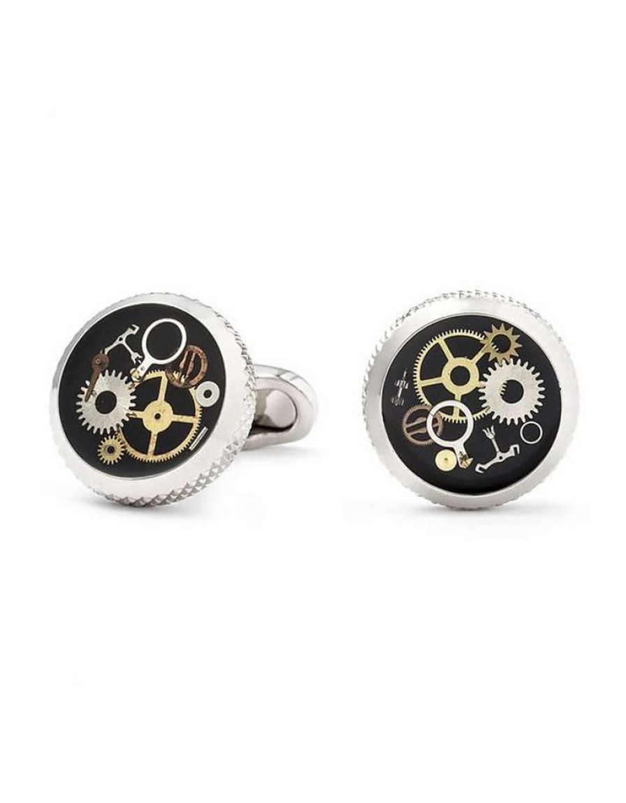 Gioielli Mon Art Gioielli Uomo | Round Brass Cufflinks W/Clock Gears And Black Ground