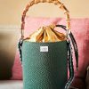 Borse Le Sori Bucket | Era Green And Gold - Leather And Refined Fabric Bucket Bag, Bamboo Handle