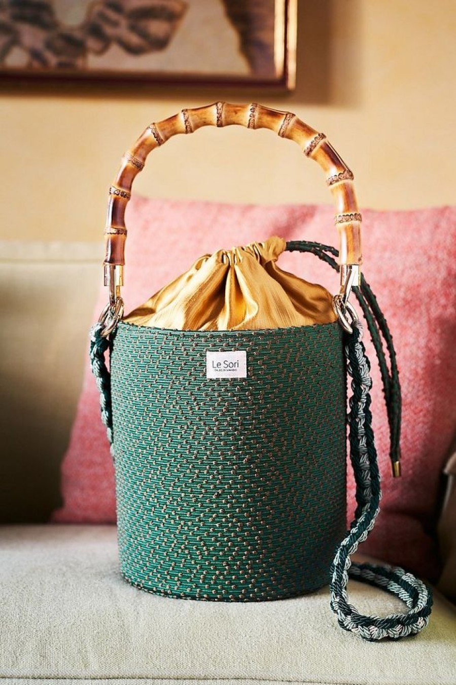 Borse Le Sori Bucket | Era Green And Gold - Leather And Refined Fabric Bucket Bag, Bamboo Handle