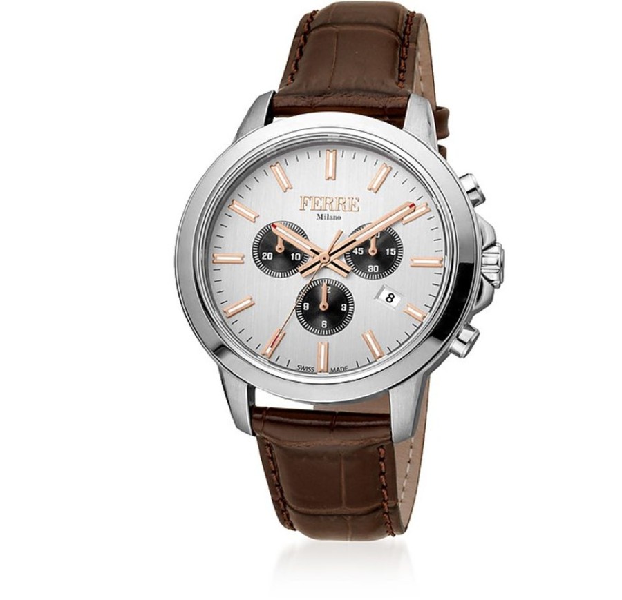 Gioielli Ferre' Milano Orologi Uomo | Silver Dial Stainless Steel Men'S Watch W/Croco Embossed Leather Strap