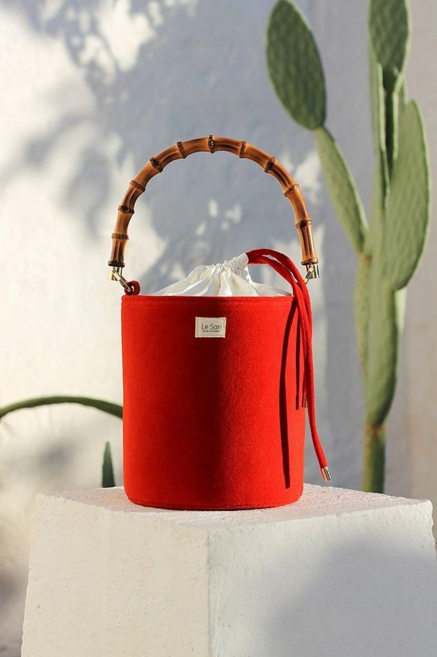 Borse Le Sori Bucket | Fenice Red - Leather And Refined Fabric Bucket Bag, Bamboo Handle