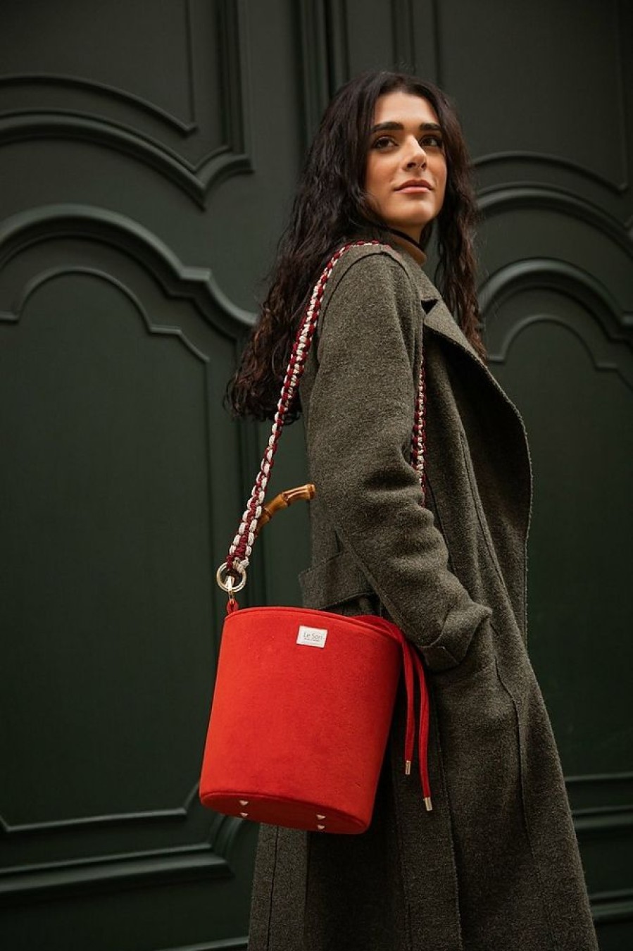 Borse Le Sori Bucket | Fenice Red - Leather And Refined Fabric Bucket Bag, Bamboo Handle