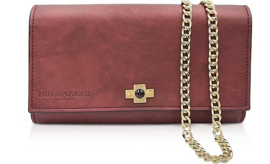 Borse Bulganeri Clutch & Mini | Bordeaux Leather Wallet Bag W/Bronze Cross And Chain