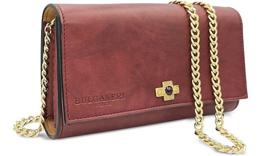 Borse Bulganeri Clutch & Mini | Bordeaux Leather Wallet Bag W/Bronze Cross And Chain