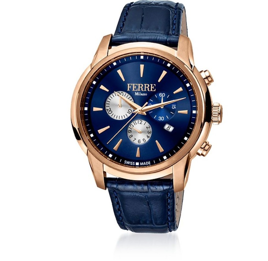 Gioielli Ferre' Milano Orologi Uomo | Blue Dial And Rose Gold-Tone Stainless Steel Quartz Men'S Chronograph Watch