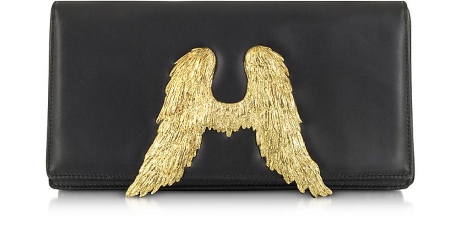 Borse Bernard Delettrez Clutch & Mini | Clutch In Pelle Nera Con Ali D'Angelo Dorate