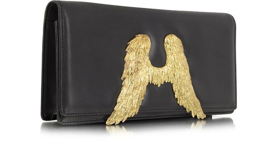 Borse Bernard Delettrez Clutch & Mini | Clutch In Pelle Nera Con Ali D'Angelo Dorate