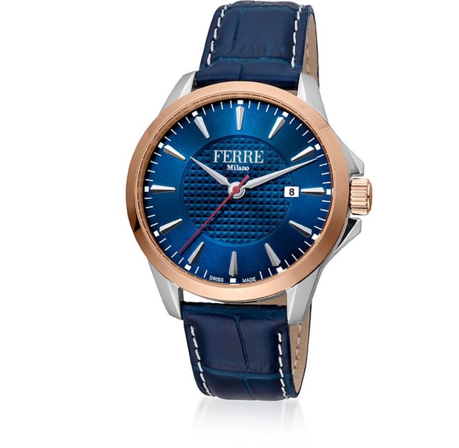 Gioielli Ferre' Milano Orologi Uomo | Blue Dial Stainless Steel Men'S Watch W/Croco Embossed Leather Strap