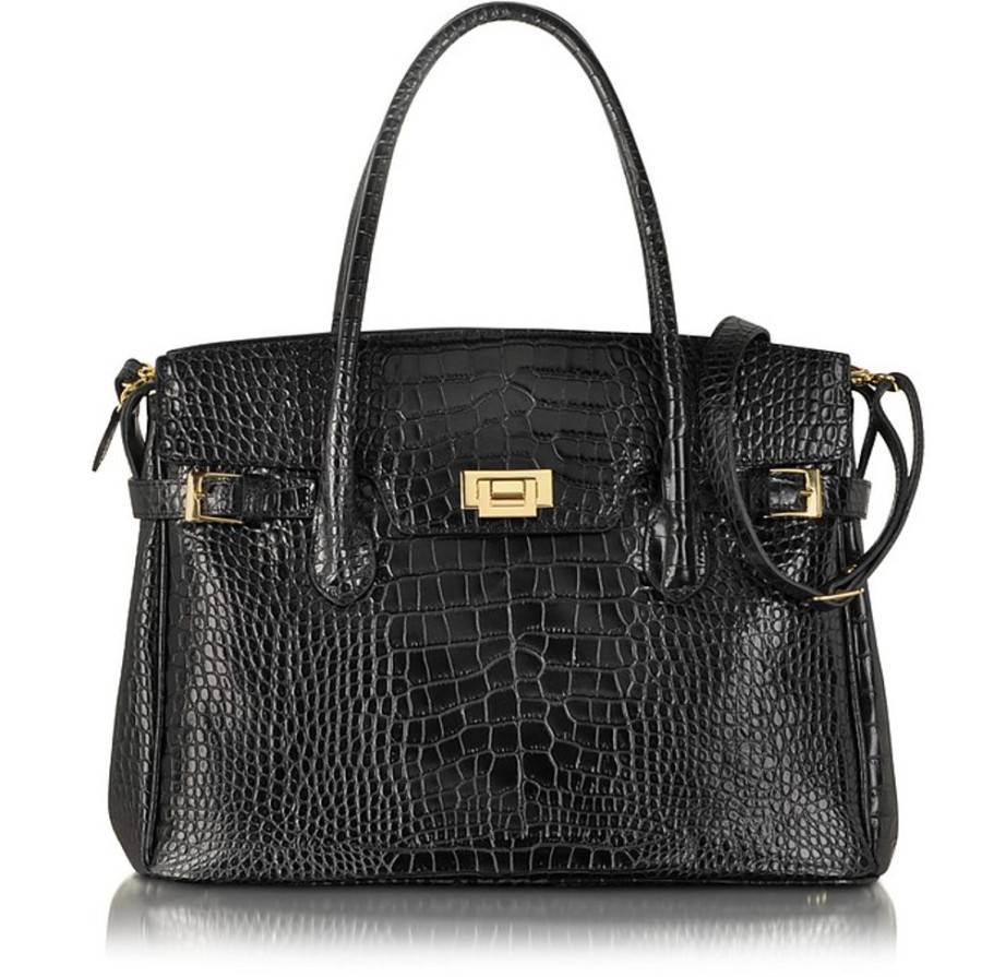 Borse Fontanelli Exotics | Shopper In Pelle Cocco Nera