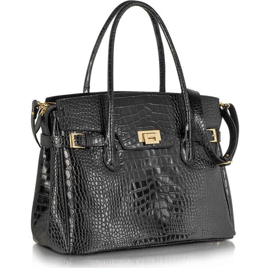 Borse Fontanelli Exotics | Shopper In Pelle Cocco Nera