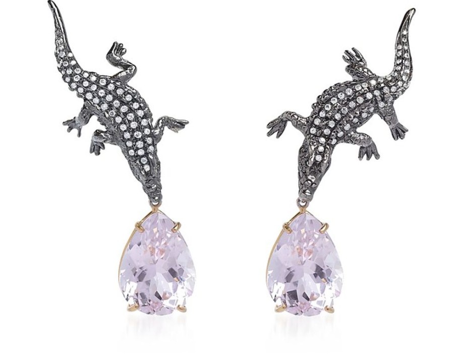 Gioielli Bernard Delettrez Fine Jewelry | Gold Crocodile Earrings With Grey Diamonds And Kunzite