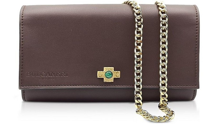 Borse Bulganeri Clutch & Mini | Dark Brown Leather Wallet Bag W/Bronze Cross And Chain