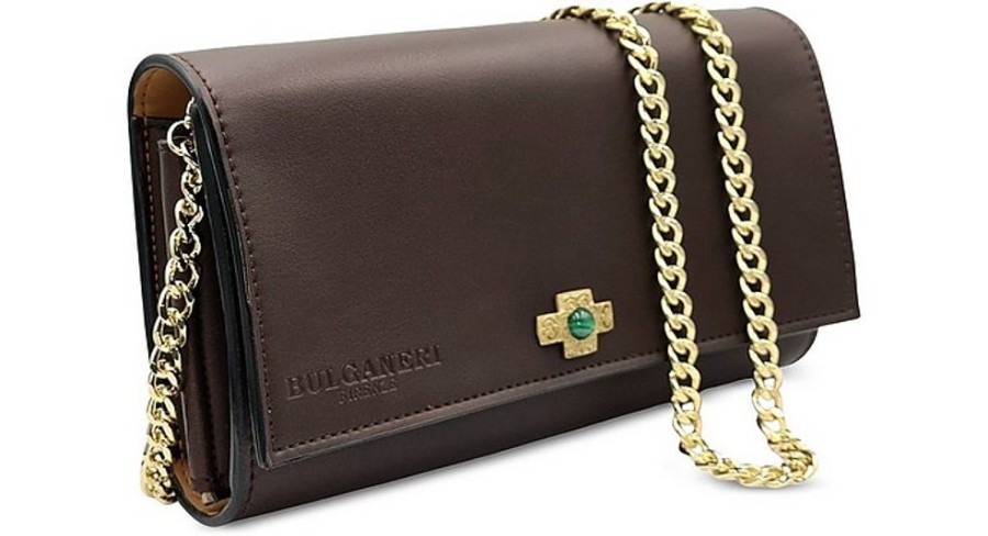 Borse Bulganeri Clutch & Mini | Dark Brown Leather Wallet Bag W/Bronze Cross And Chain