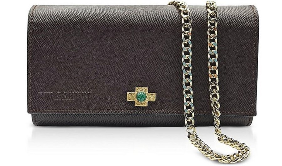 Borse Bulganeri Clutch & Mini | Saffiano Dark Brown Leather Wallet Bag W/Bronze Cross And Chain