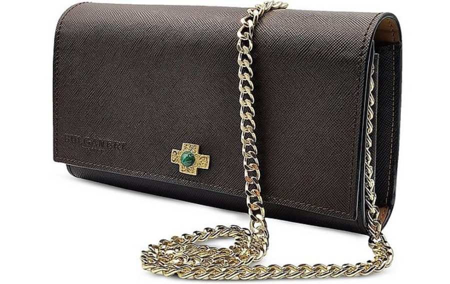 Borse Bulganeri Clutch & Mini | Saffiano Dark Brown Leather Wallet Bag W/Bronze Cross And Chain