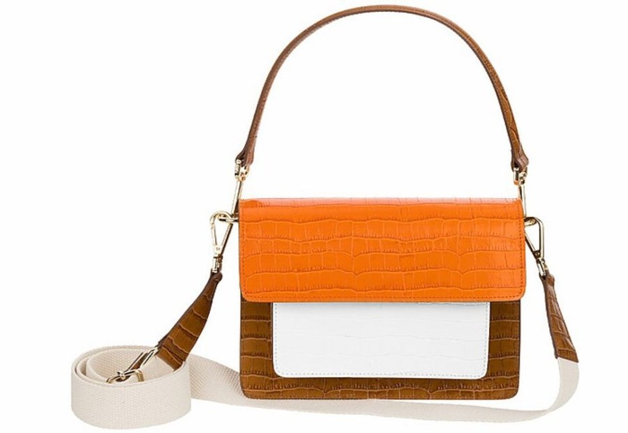 Borse Claudia Firenze Tracolla | Cl10684 - Croc-Embossed Calfskin Brown And Orange Top Handle Bag