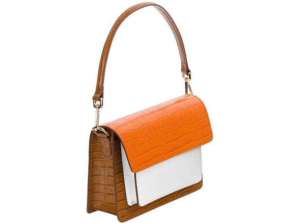 Borse Claudia Firenze Tracolla | Cl10684 - Croc-Embossed Calfskin Brown And Orange Top Handle Bag