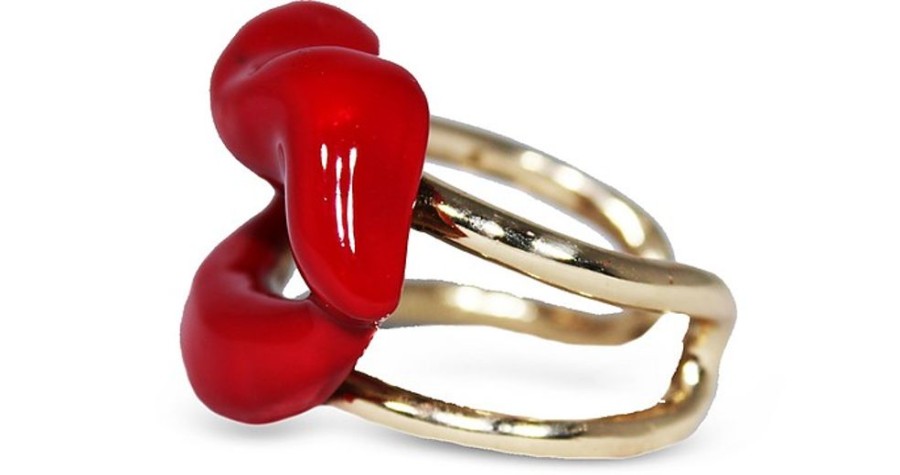 Gioielli Bernard Delettrez Contemporary Jewelry | Gold Plated Lips Ring With Red Enamel