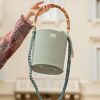 Borse Le Sori Bucket | Fenice Sage Green - Leather And Refined Fabric Bucket Bag, Bamboo Handle