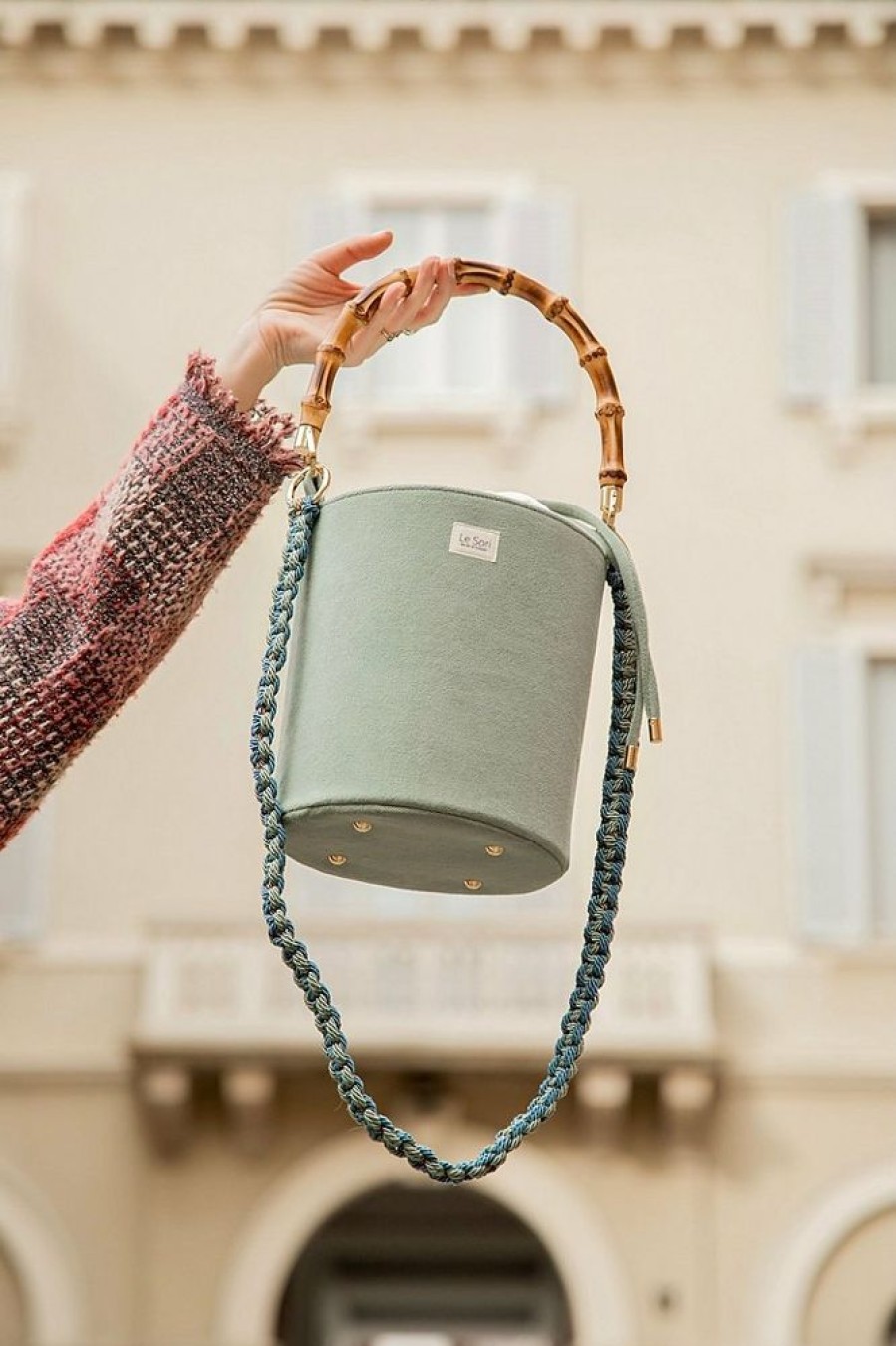 Borse Le Sori Bucket | Fenice Sage Green - Leather And Refined Fabric Bucket Bag, Bamboo Handle