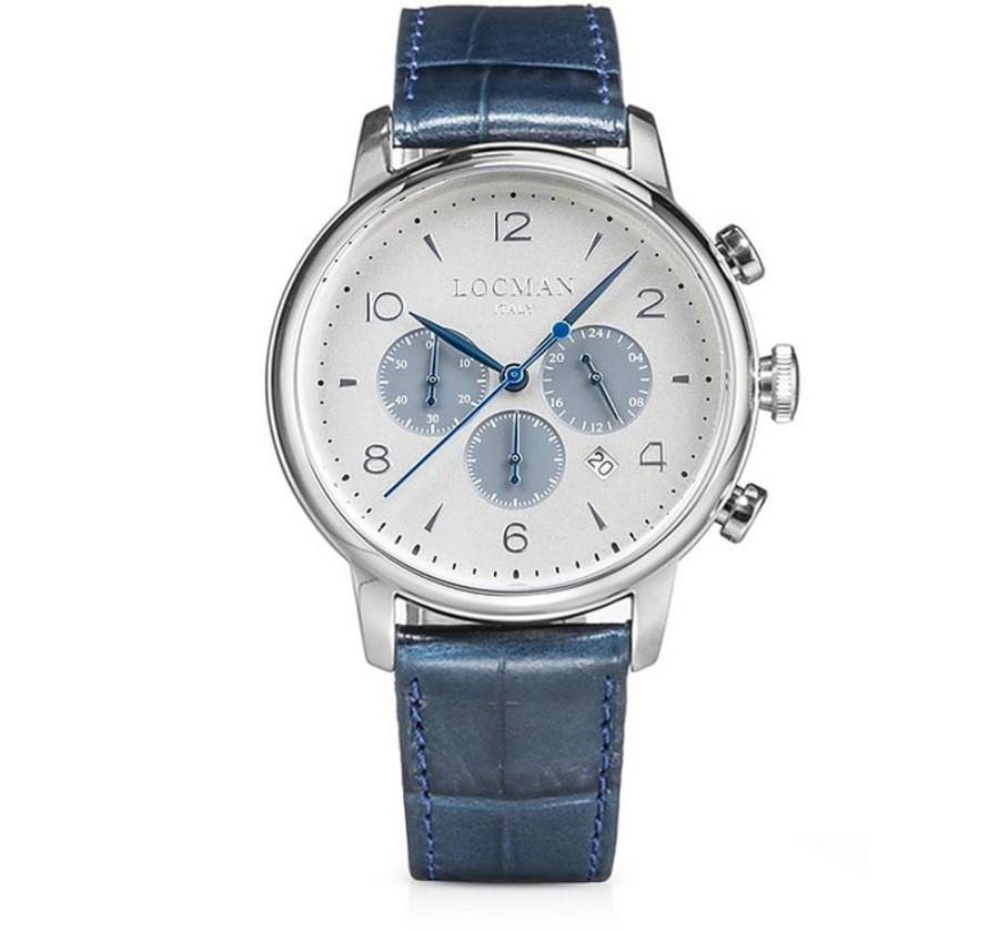 Gioielli Locman Orologi Uomo | 1960 White Dial Crono Stainless Steel Men'S Watch W/Blue Leather Strap