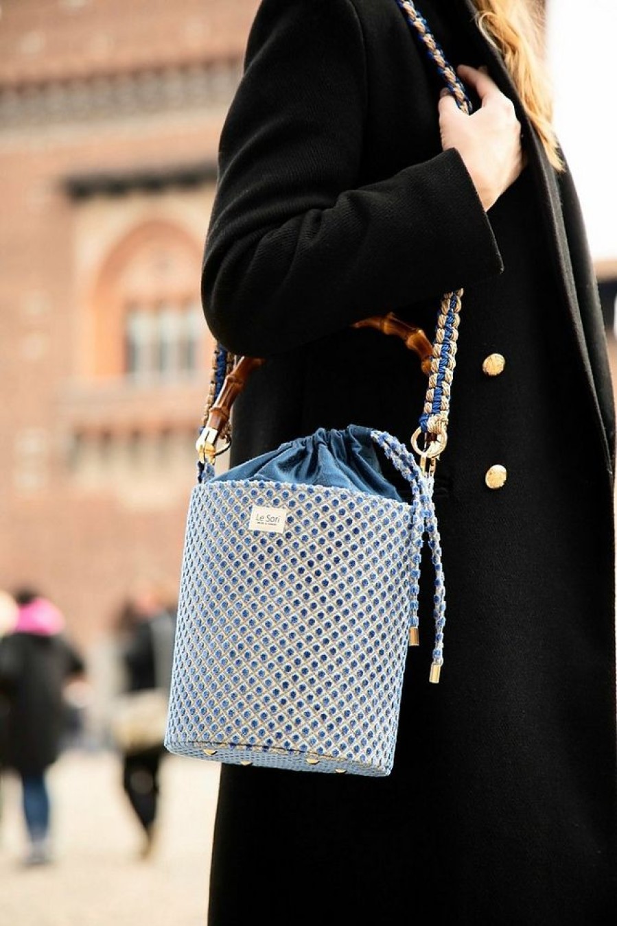 Borse Le Sori Bucket | Iris Blue - Leather And Refined Fabric Bucket Bag, Bamboo Handle