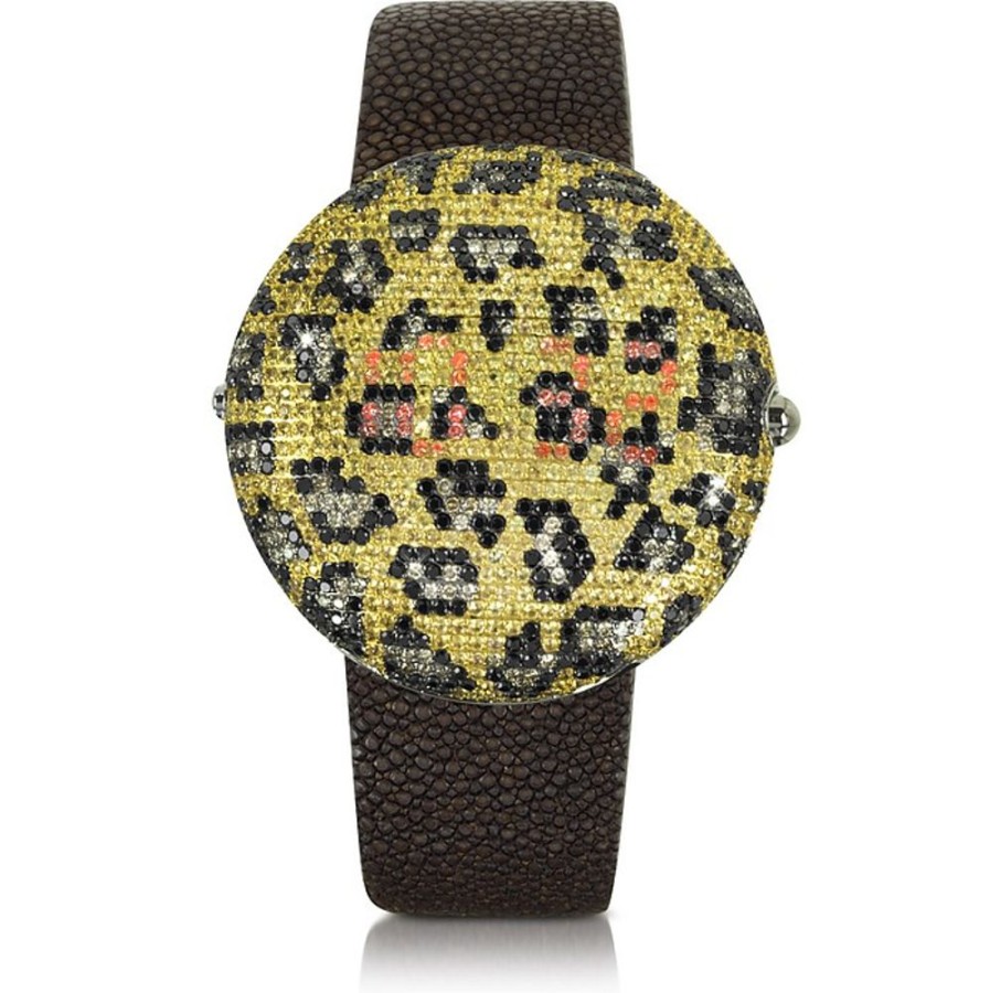 Gioielli Christian Koban Orologi Donna | Clou Dinner Leopard Orologio In Acciaio Con Diamanti, Zaffiri E Cinturino In Stingray