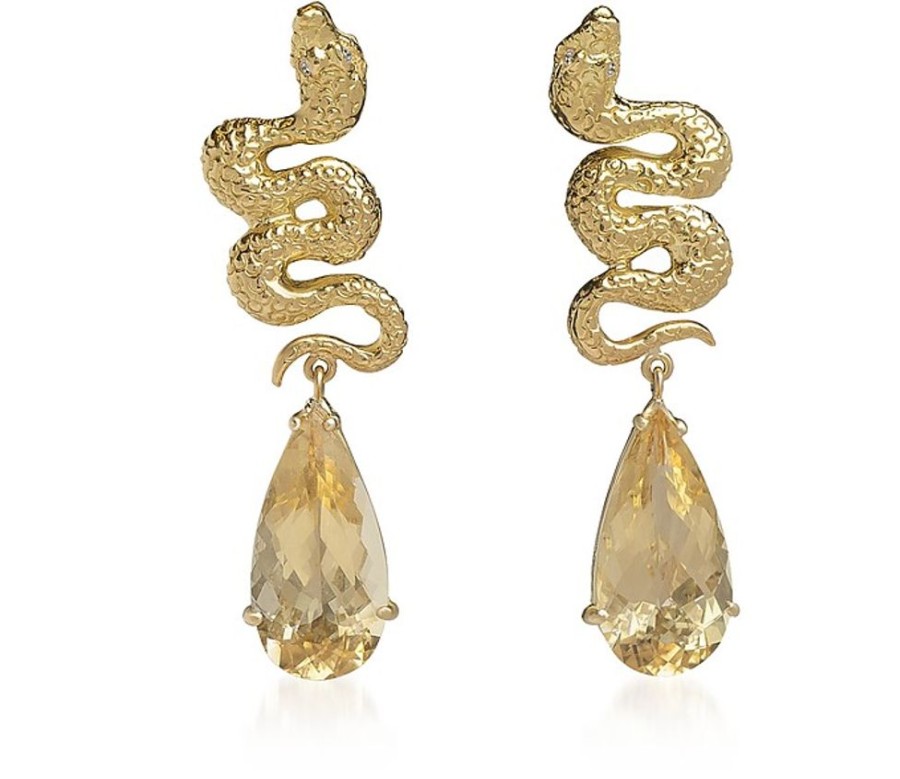 Gioielli Bernard Delettrez Fine Jewelry | Gold Earrings With Snakes And Drop Yellow Beryls