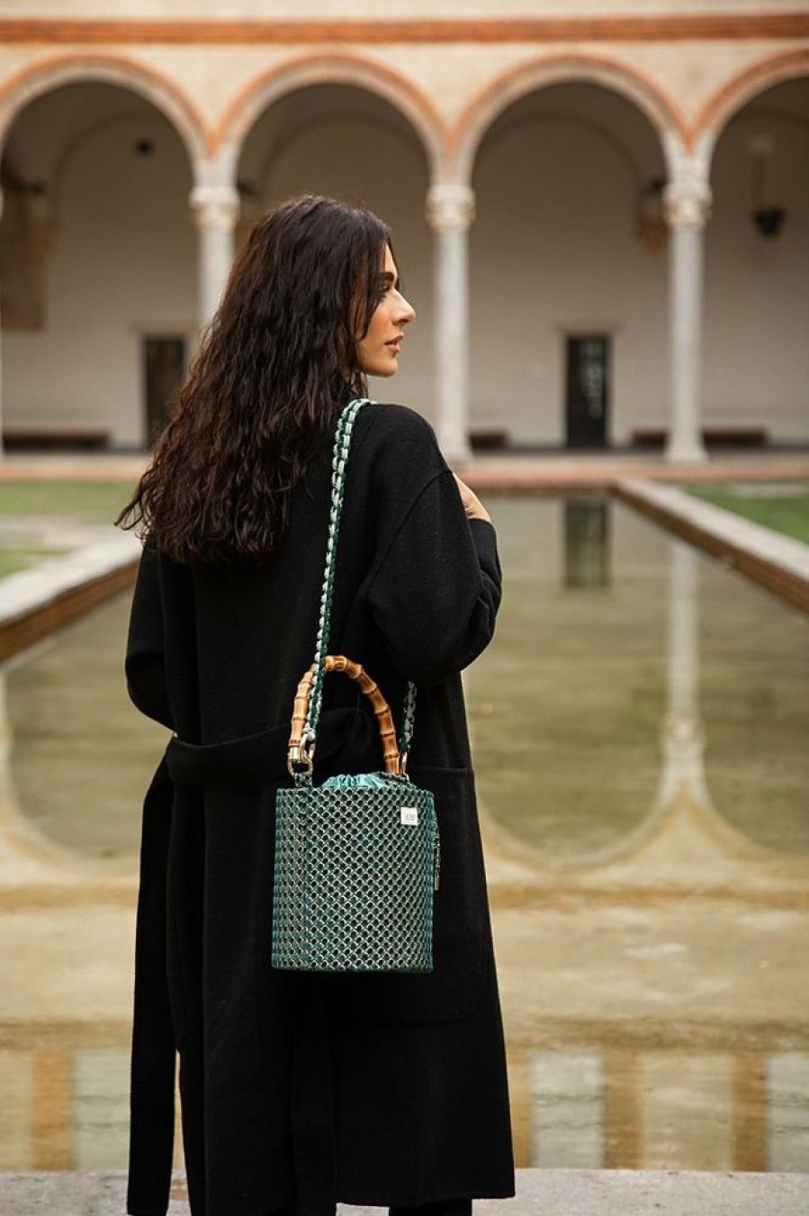 Borse Le Sori Bucket | Iris Dark Green - Leather And Refined Fabric Bucket Bag, Bamboo Handle