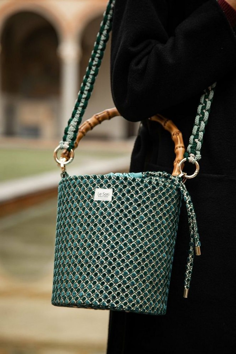 Borse Le Sori Bucket | Iris Dark Green - Leather And Refined Fabric Bucket Bag, Bamboo Handle