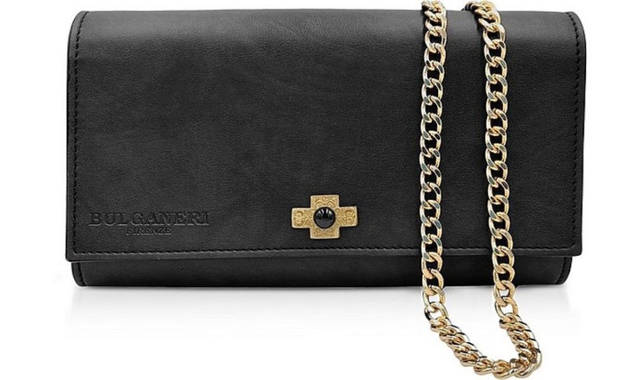 Borse Bulganeri Clutch & Mini | Black Leather Wallet Bag W/Bronze Cross And Chain