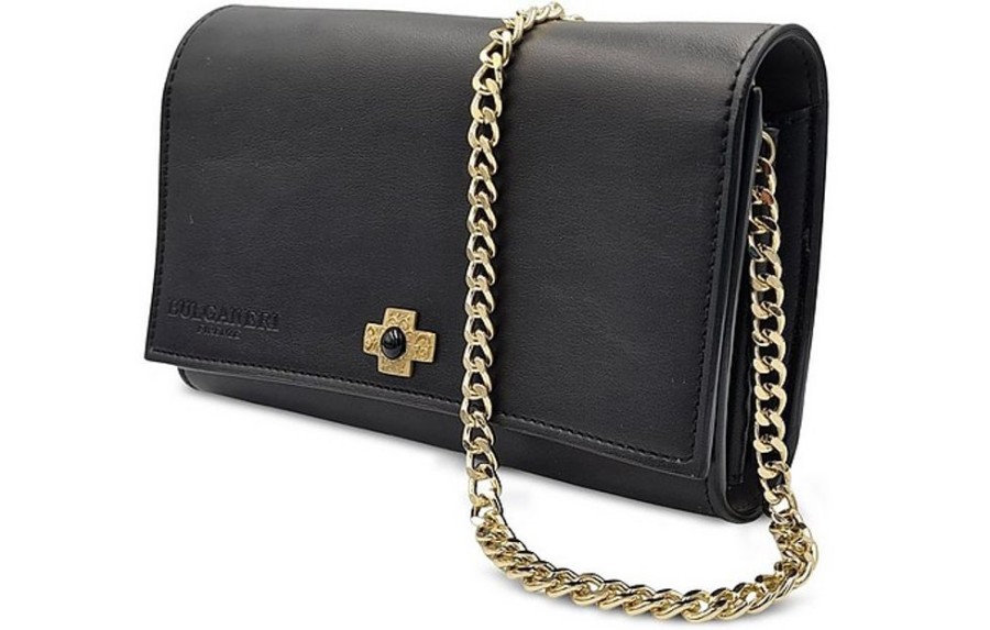 Borse Bulganeri Clutch & Mini | Black Leather Wallet Bag W/Bronze Cross And Chain