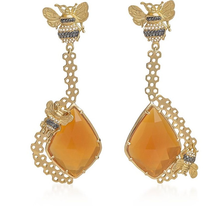 Gioielli Bernard Delettrez Fine Jewelry | Gold Bee Earrings With Orange Opales