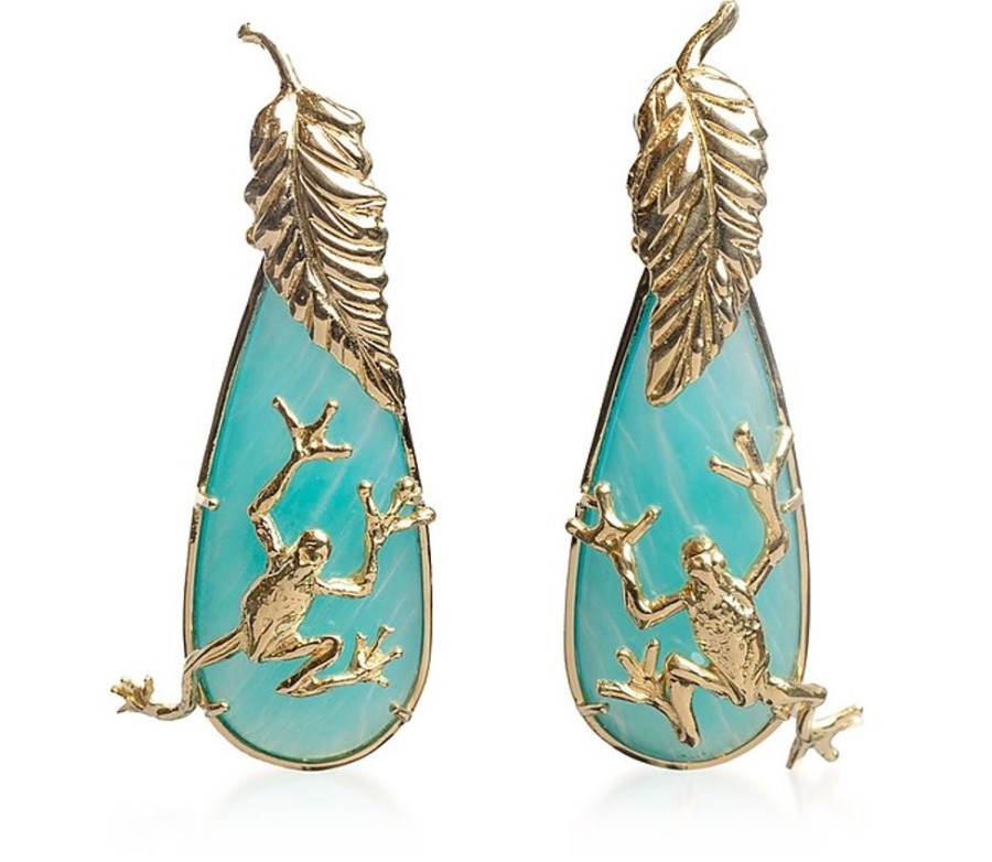 Gioielli Bernard Delettrez Fine Jewelry | Gold Frog Earrings With Feathers And Drop Amazonite