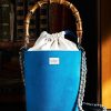 Borse Le Sori Bucket | Fenice Bright Blue - Leather And Refined Fabric Bucket Bag, Bamboo Handle