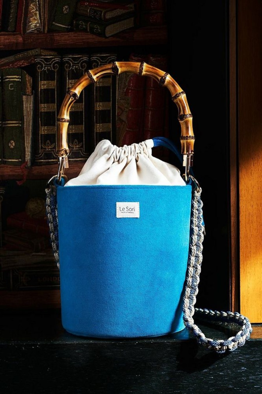 Borse Le Sori Bucket | Fenice Bright Blue - Leather And Refined Fabric Bucket Bag, Bamboo Handle