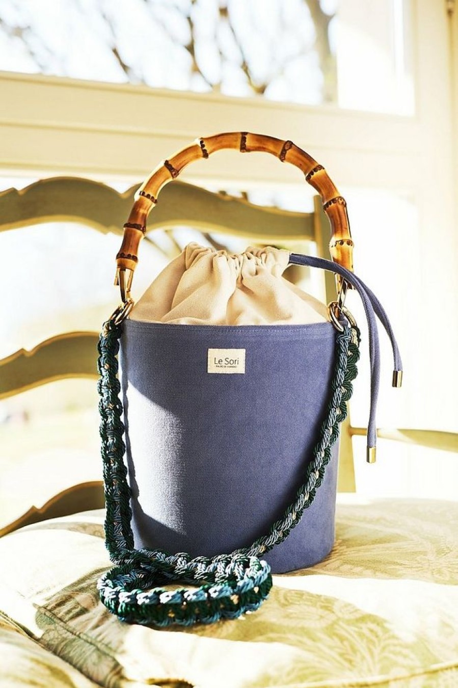 Borse Le Sori Bucket | Fenice Lavender Purple - Leather And Refined Fabric Bucket Bag, Bamboo Handle