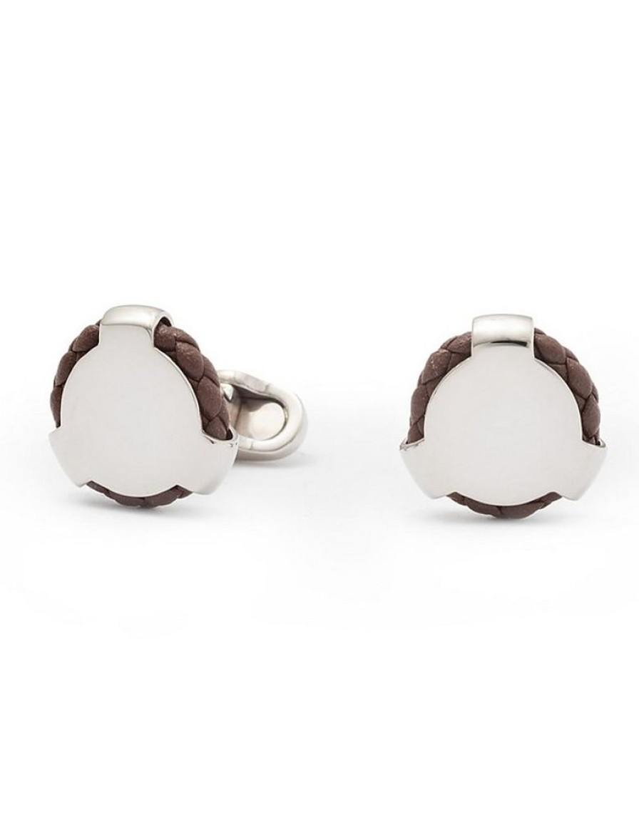 Gioielli Mon Art Gioielli Uomo | Lisbona Round Brass And Woven Leather Cufflinks