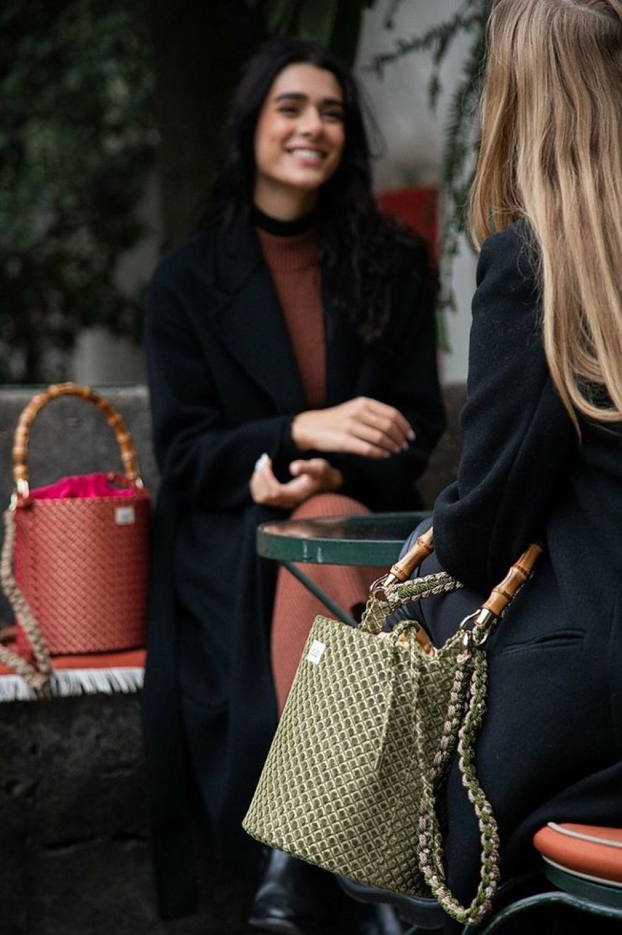 Borse Le Sori Bucket | Iris Pistachio Green - Leather And Refined Fabric Bucket Bag, Bamboo Handle