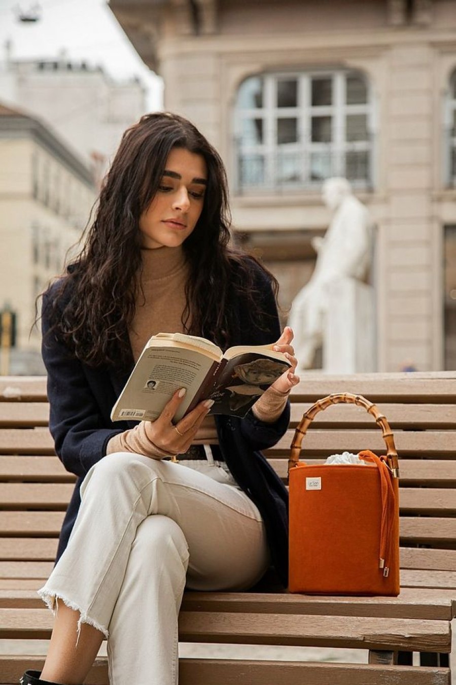 Borse Le Sori Bucket | Fenice Orange - Leather And Refined Fabric Bucket Bag, Bamboo Handle